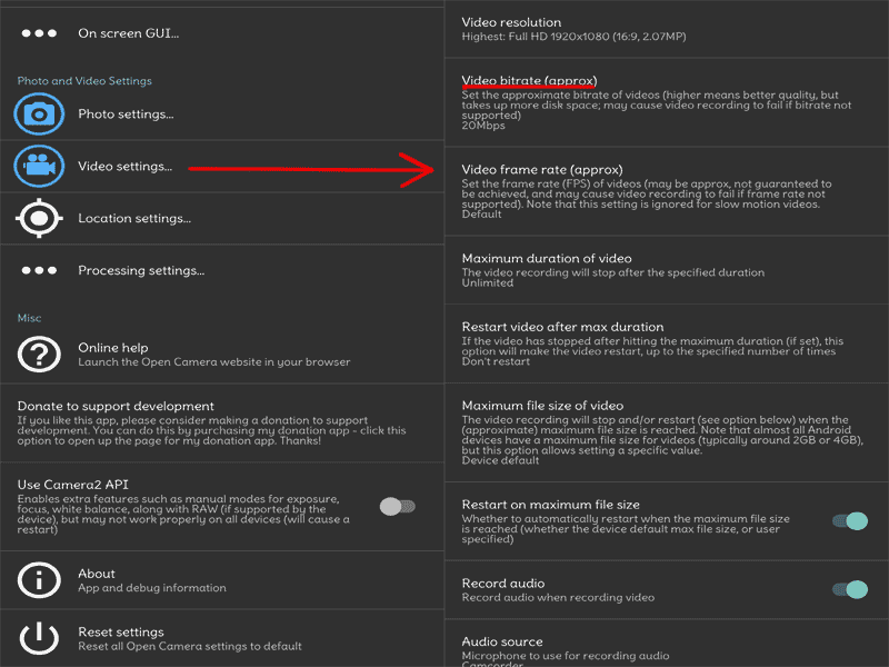 changing the bitrate for recording in opencamera