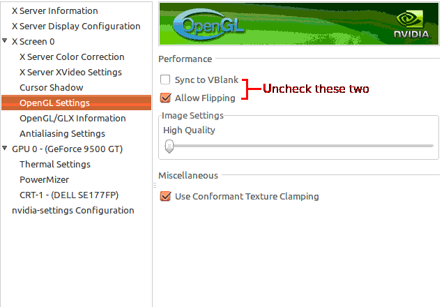 Uncheck OpenGL flipping and SynctoVBlank